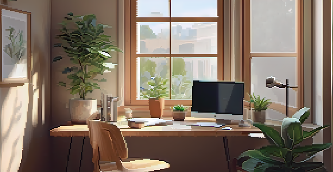 A modern home office with a wooden desk, laptop, potted plant, and coffee cup illuminated by natural light from a window.