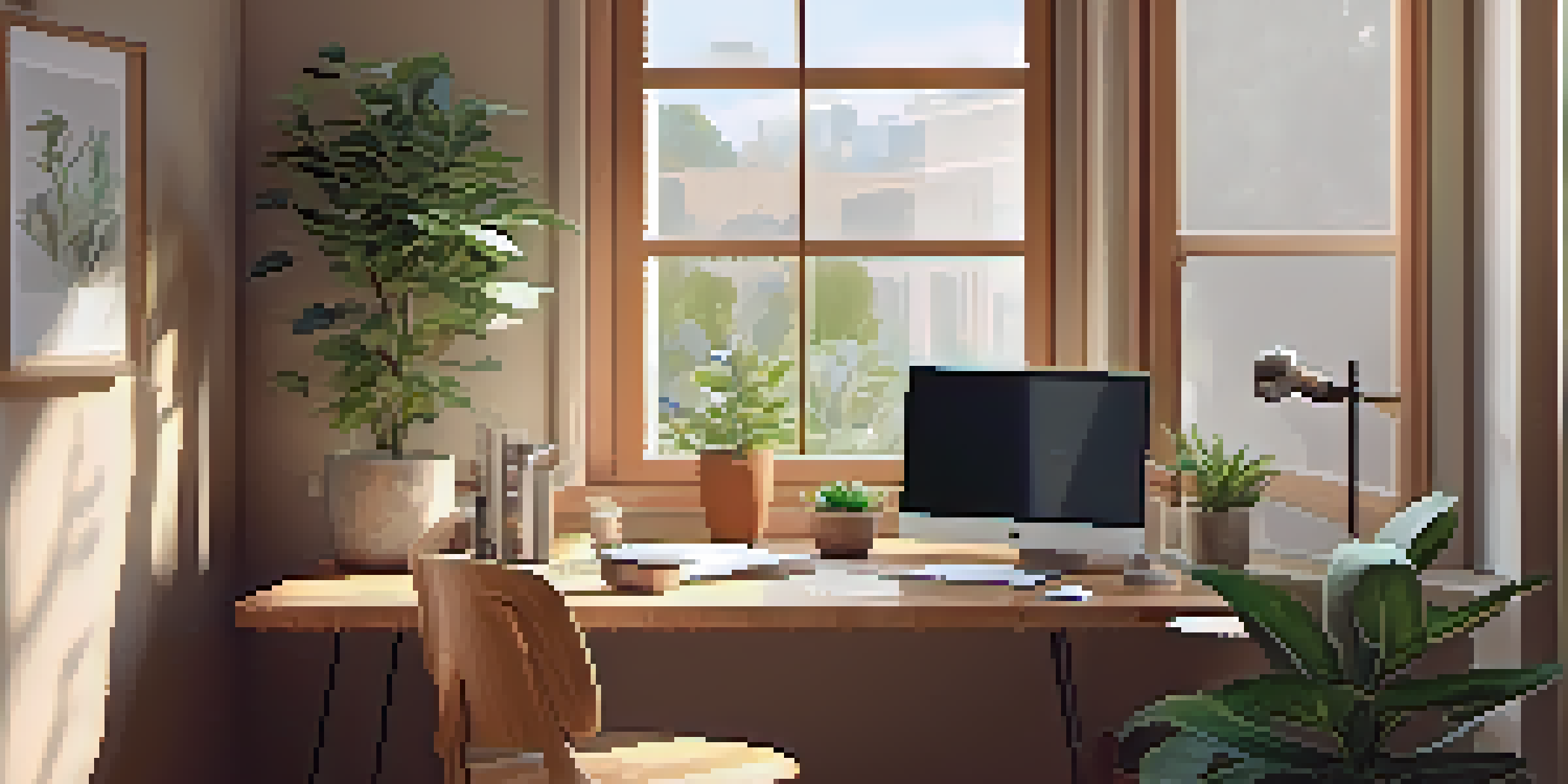 A modern home office with a wooden desk, laptop, potted plant, and coffee cup illuminated by natural light from a window.