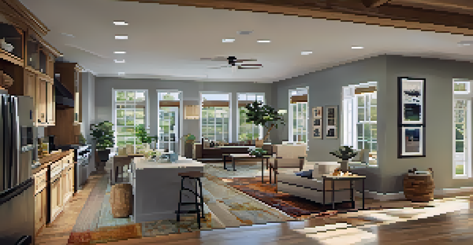 An open floor plan with defined zones for living and workspace, featuring various lighting styles.