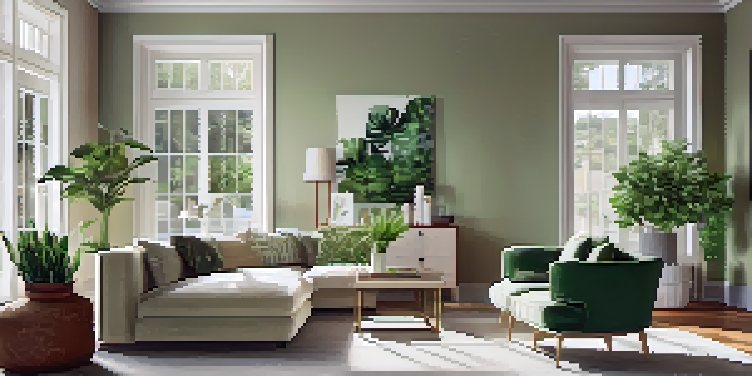 A bright and inviting living room filled with natural light, featuring tasteful furniture and a home inspection report on a coffee table.