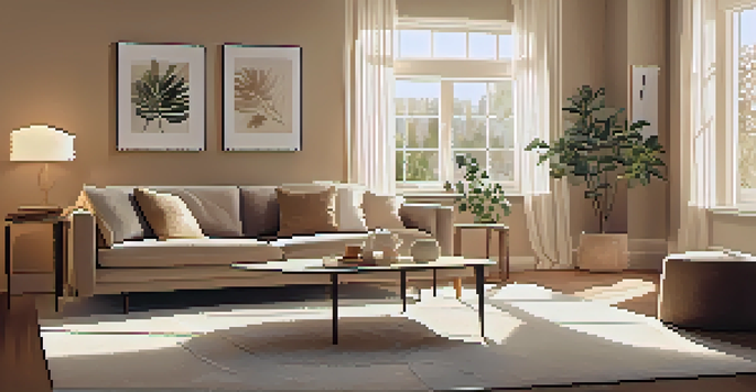 A cozy and inviting living room with soft lighting, a comfortable sofa, and fresh flowers on a coffee table.