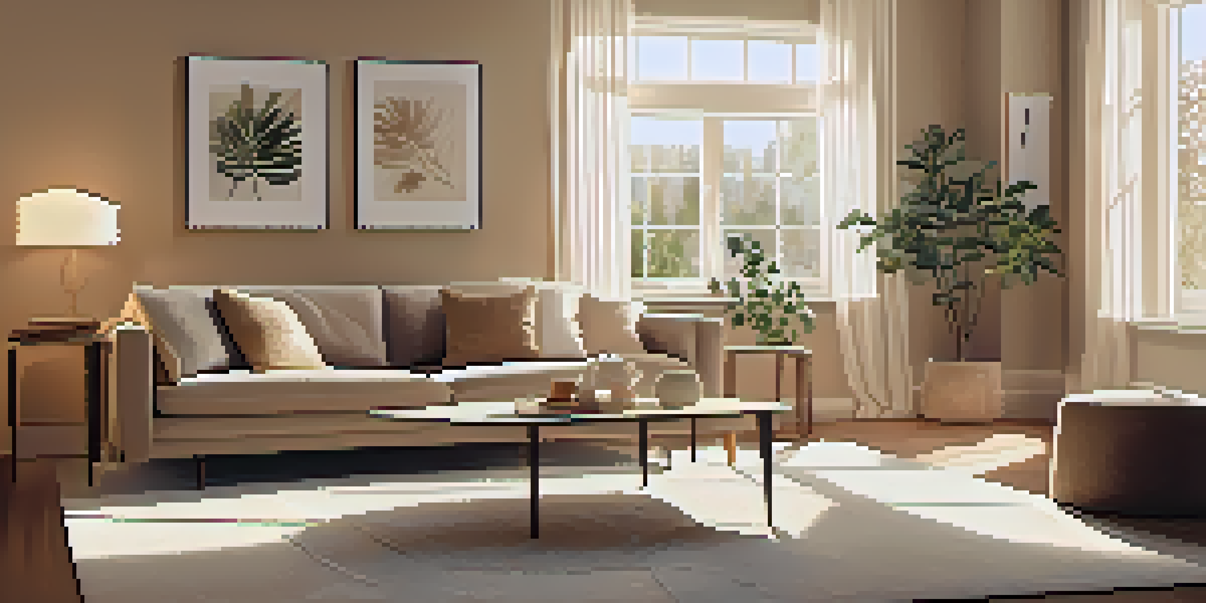 A cozy and inviting living room with soft lighting, a comfortable sofa, and fresh flowers on a coffee table.