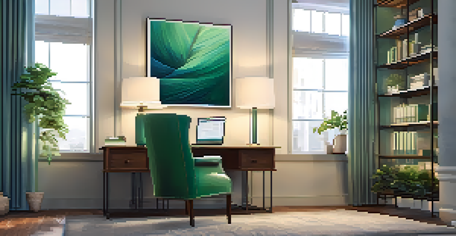 An office with blue and green artwork, a wooden desk with a laptop, and a cozy reading nook, illuminated by soft lighting.