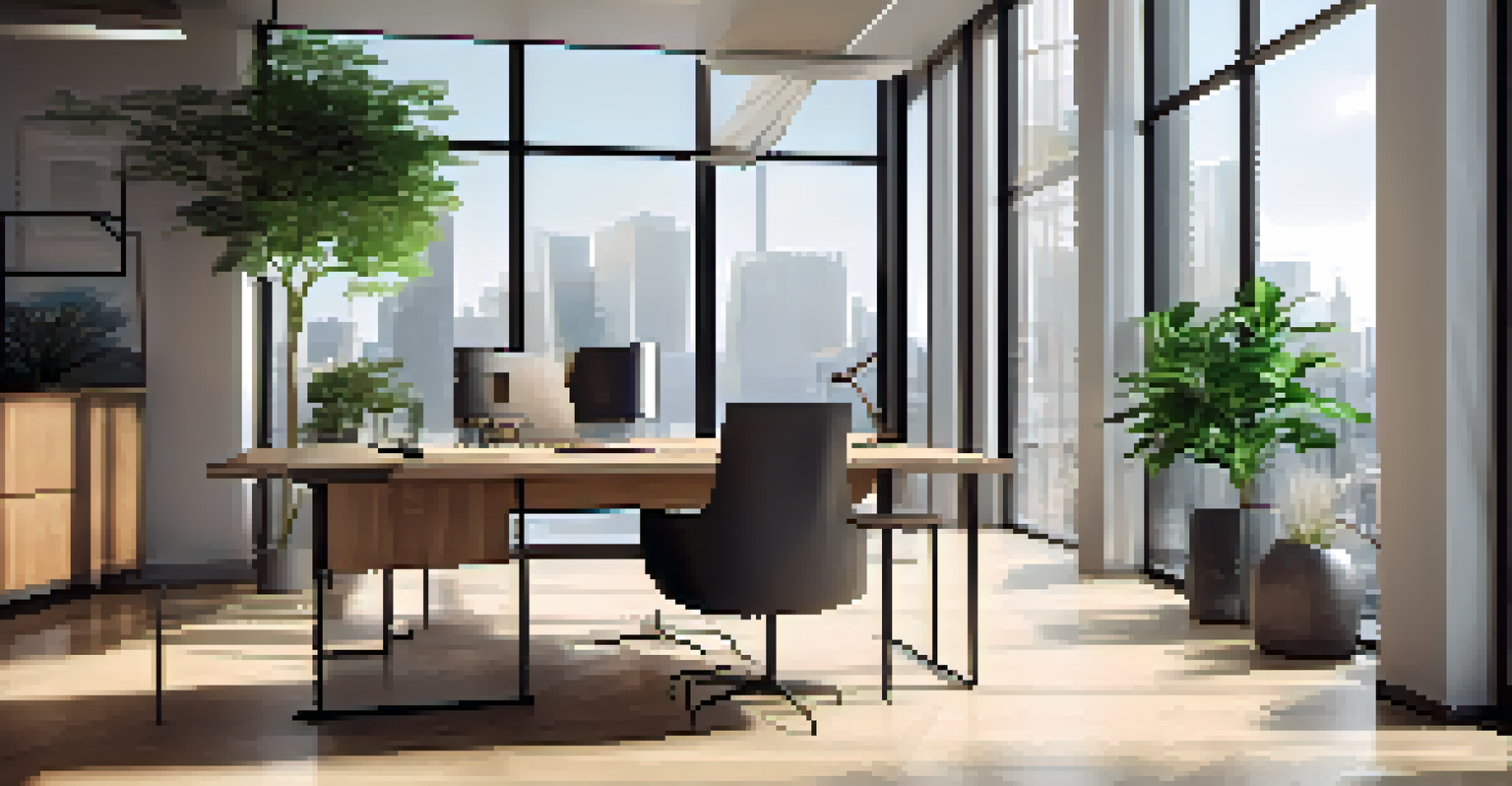 An elegant office interior with large windows, minimalist furniture, and natural light illuminating the space.