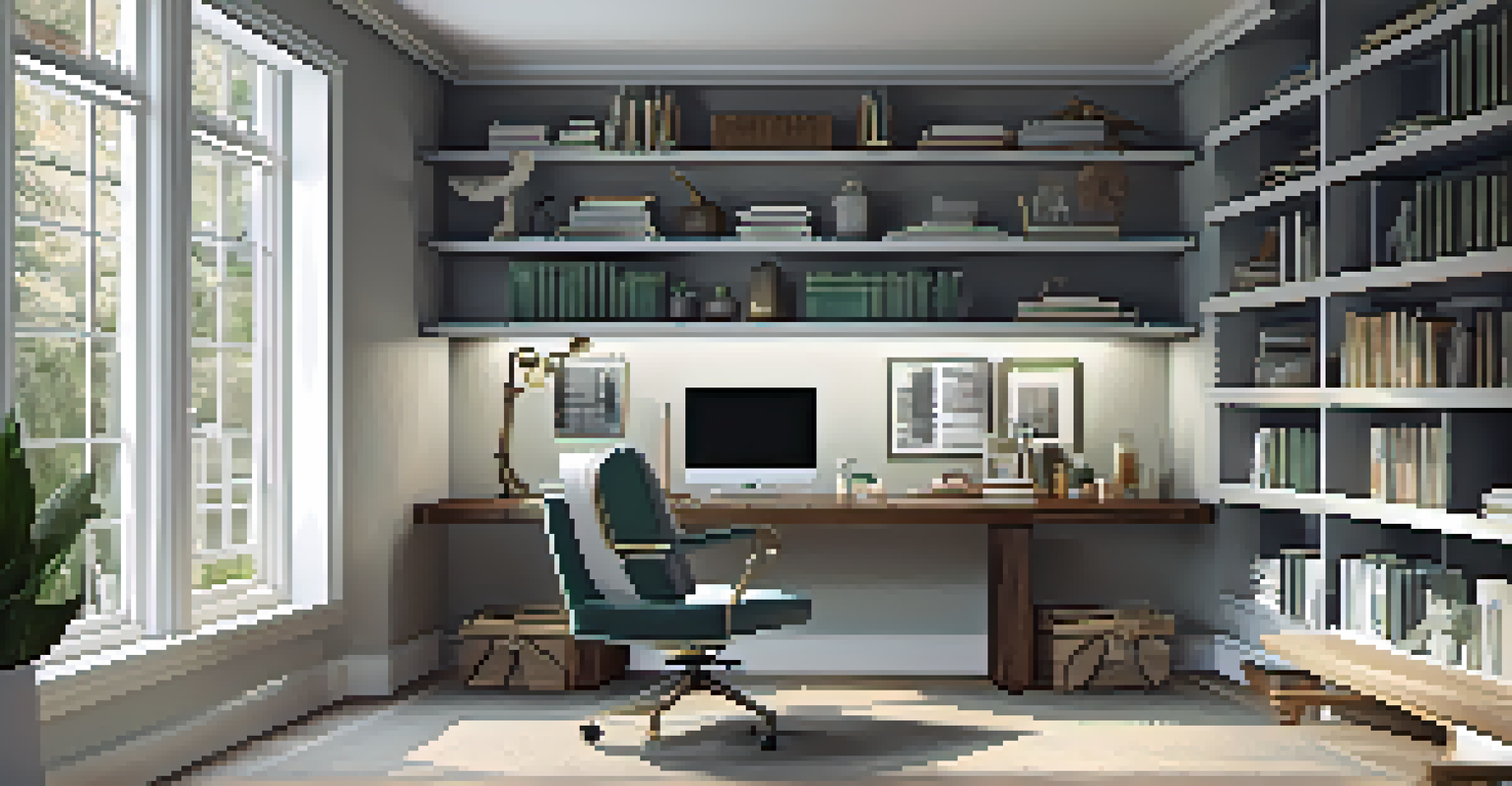 A modern home office with a desk, chair, and bookshelves, filled with natural light from large windows.