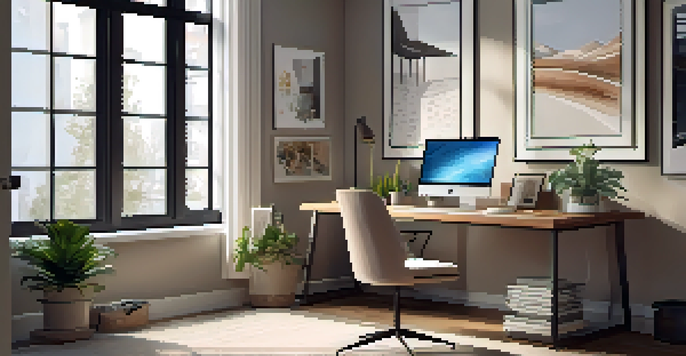 A cozy home office with a modern desk, computer, and potted plant under natural light.
