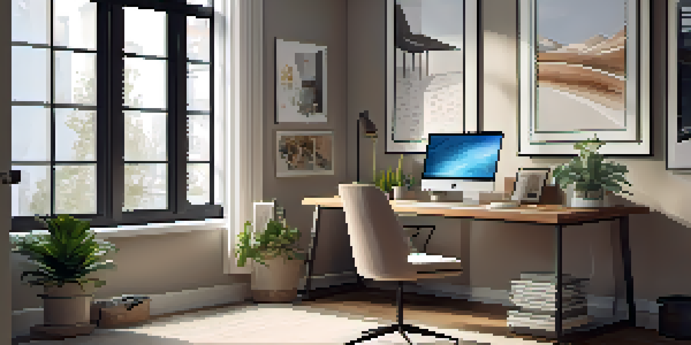 A cozy home office with a modern desk, computer, and potted plant under natural light.