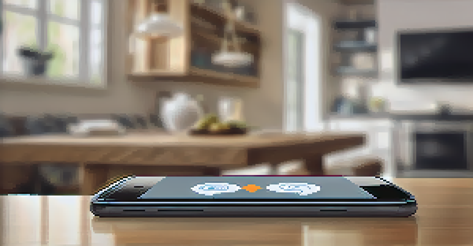 A close-up of a smartphone with a home security app open, showcasing live feeds and alerts, set on a stylish table with a coffee cup.