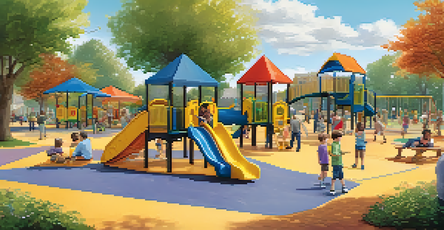 An inclusive playground with adaptive equipment for children, surrounded by families enjoying the sunny day.