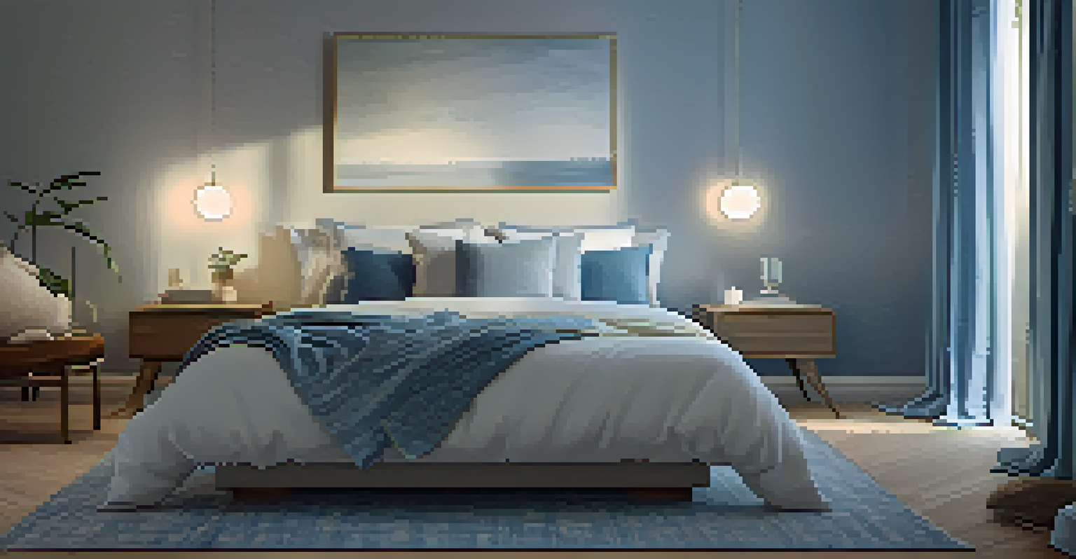 A serene bedroom with smart lighting and a calming color scheme.