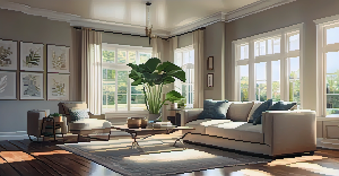 A cozy living room with hardwood flooring, bright natural light, and comfortable furniture.