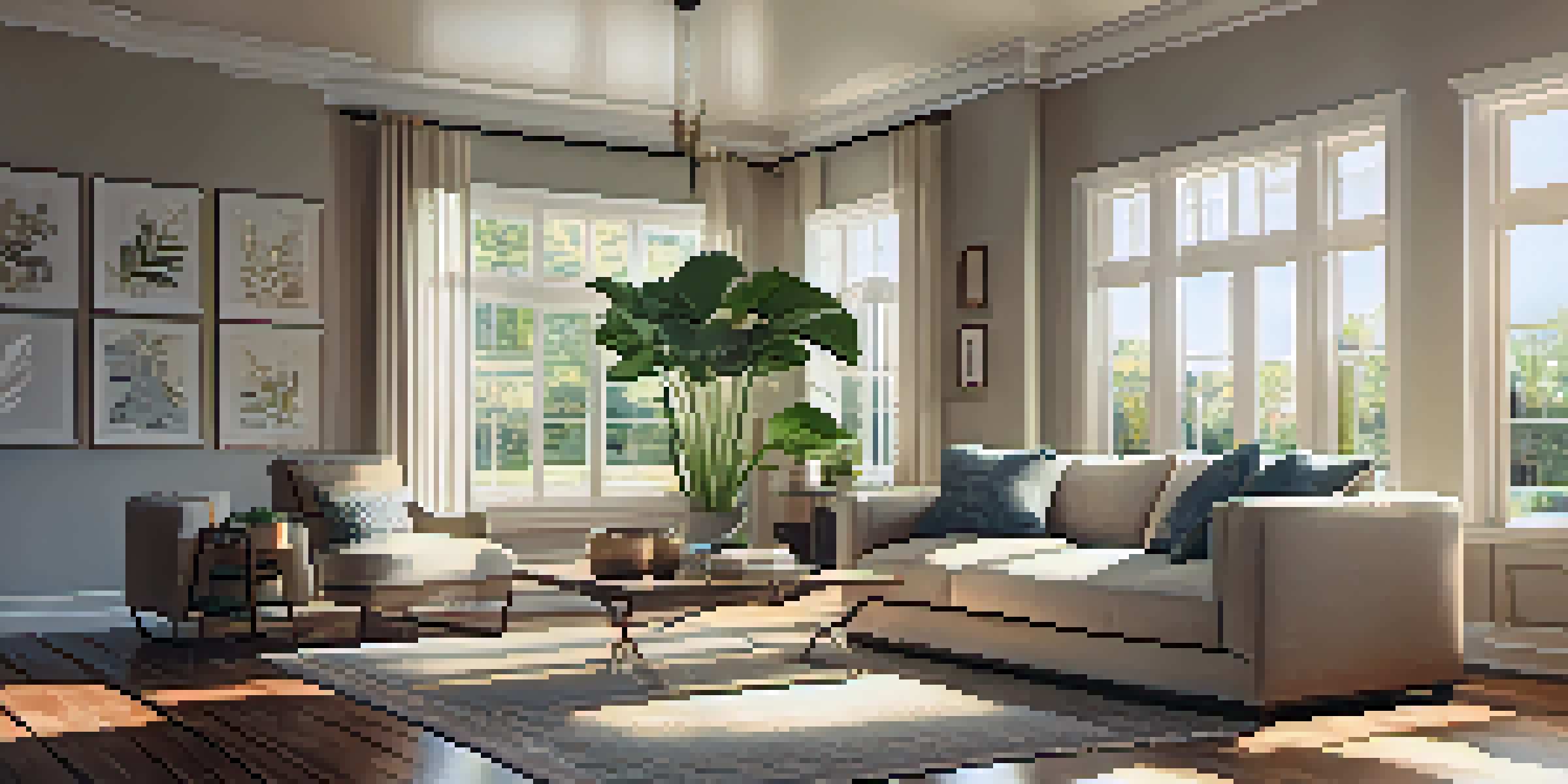 A cozy living room with hardwood flooring, bright natural light, and comfortable furniture.