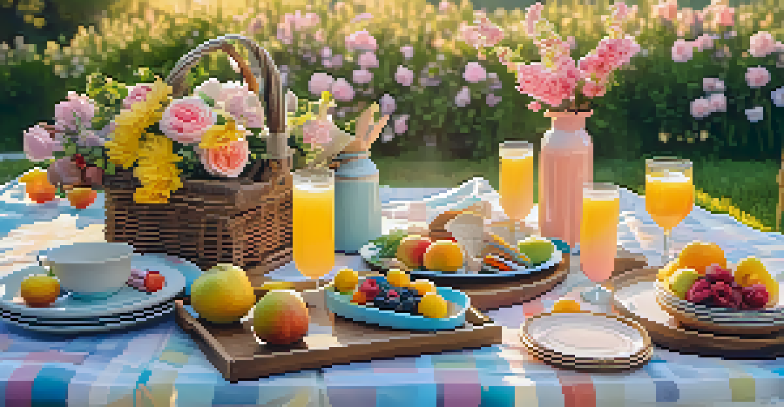 A lively spring picnic with a colorful blanket, floral arrangements, fruits, and drinks under a warm sunset.