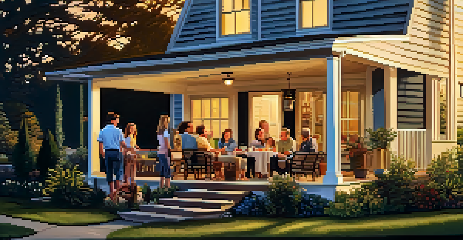 A family gathering in a backyard captured by a smart camera, with warm sunlight creating a joyful atmosphere.