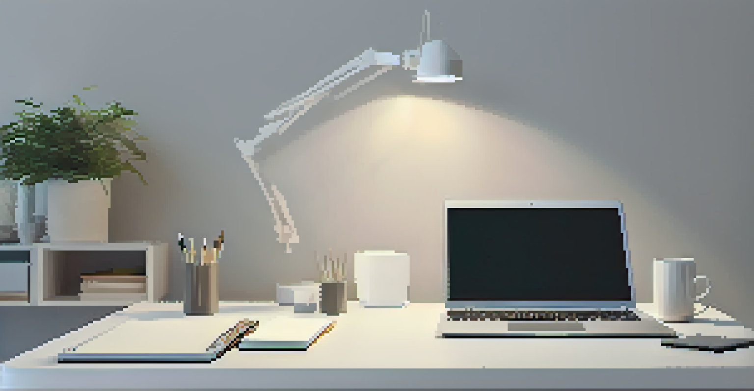 A minimalist workspace with a sleek white geometric table lamp, an open notebook, and a laptop on a clutter-free desk with soft gray walls.