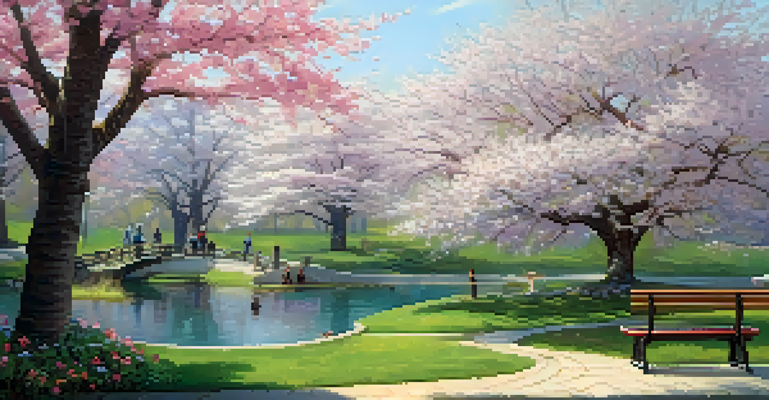 A tranquil park with colorful flowers, a pond, and a bench under a cherry blossom tree, with people walking along paths.