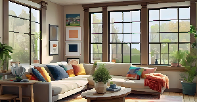 A warm and inviting living room with a beige sofa, colorful pillows, a coffee table with books, and natural light coming through a window.