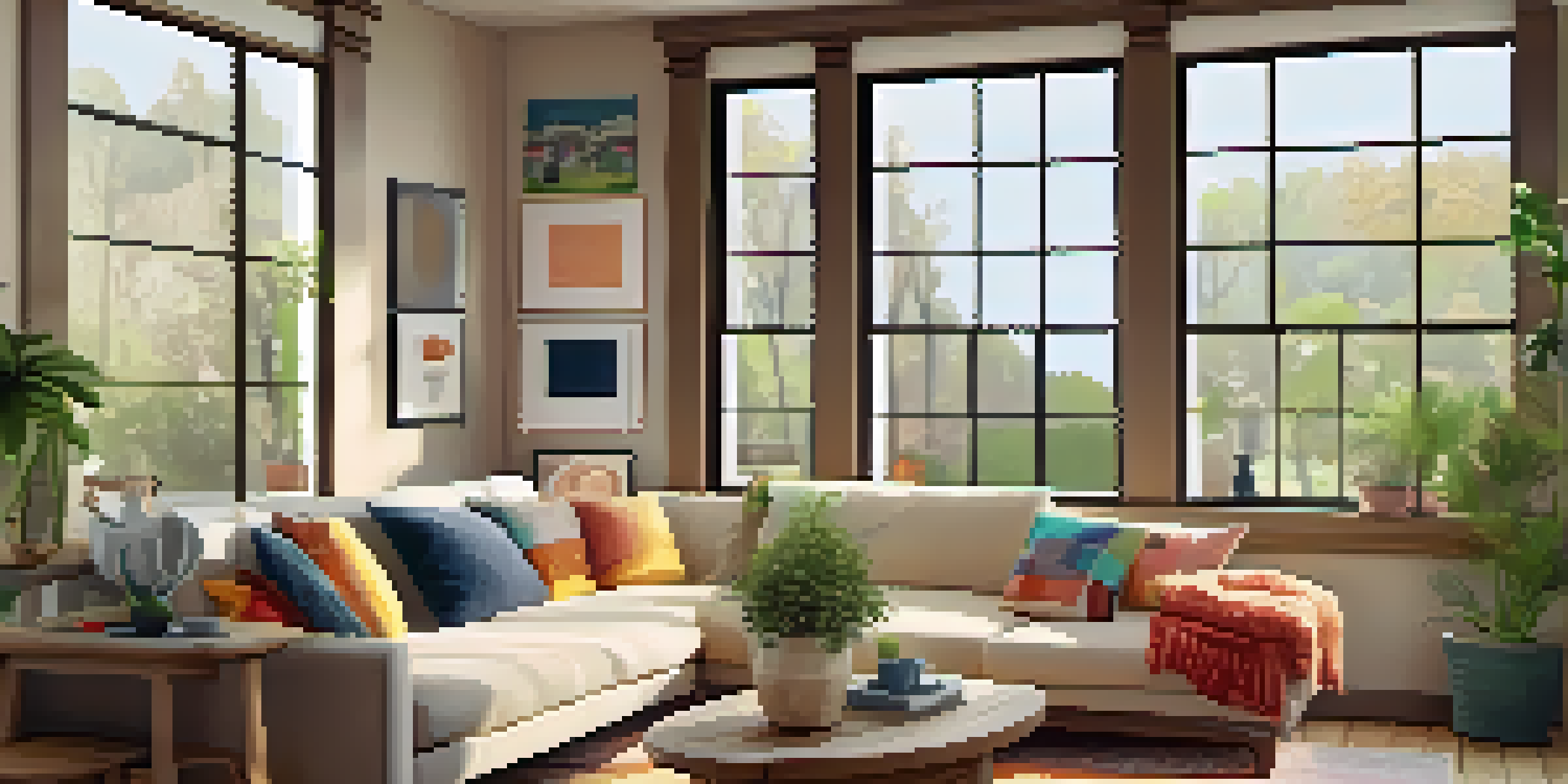A warm and inviting living room with a beige sofa, colorful pillows, a coffee table with books, and natural light coming through a window.