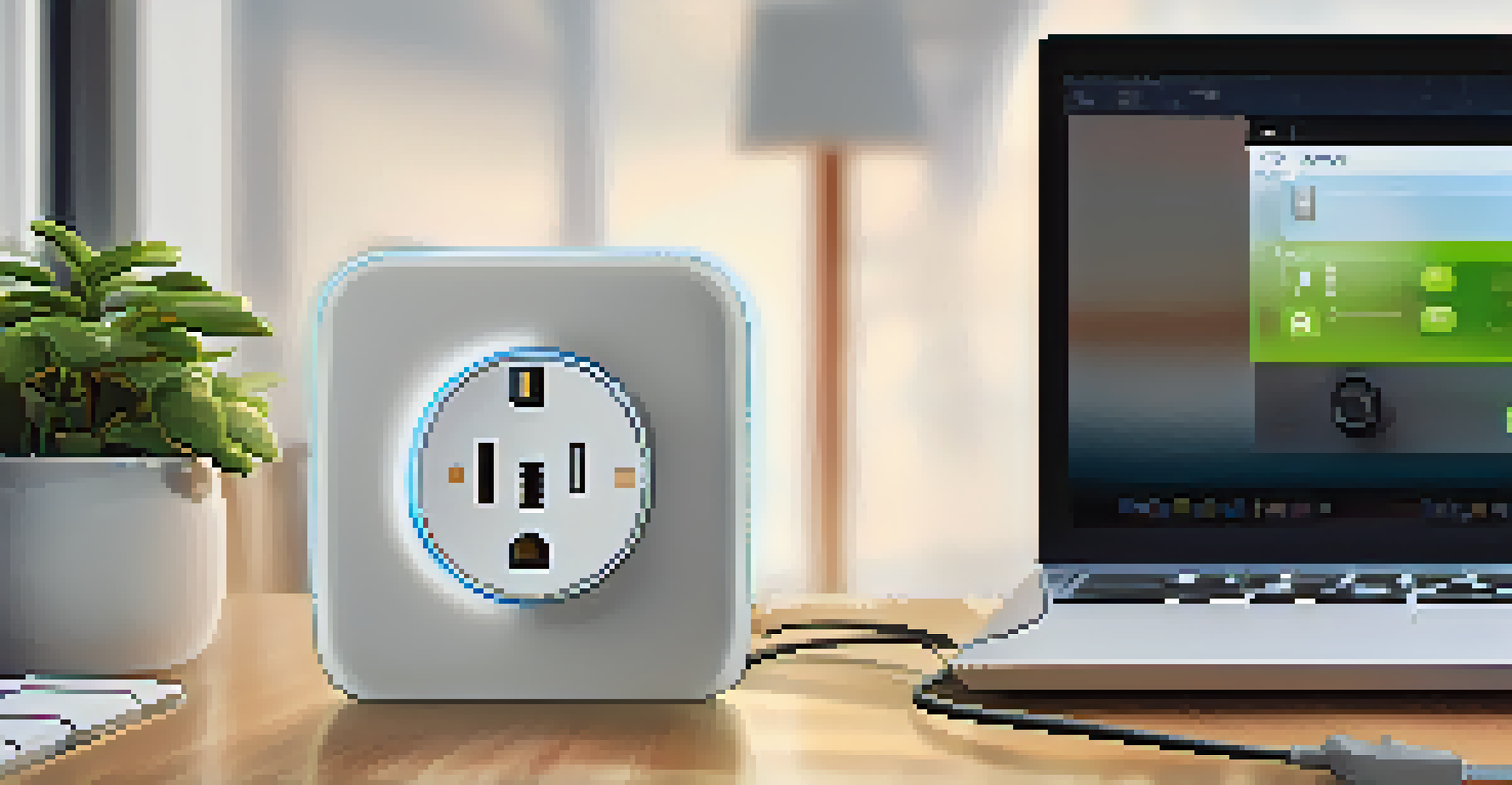 A smart plug in a home office with connected devices, emphasizing convenience and energy management.