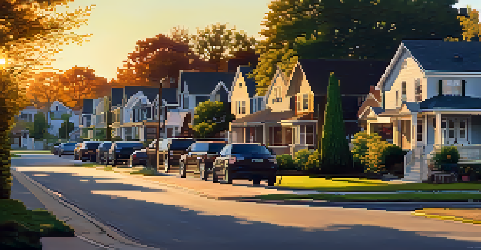 A neighborhood with homes displaying security systems, set against a sunset backdrop for a sense of community safety.