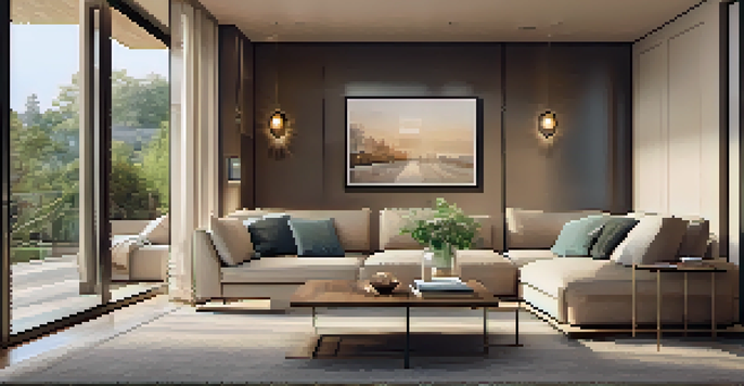 A contemporary living room showcasing a smart security system, including a smart doorbell and security camera, with warm lighting and modern decor.