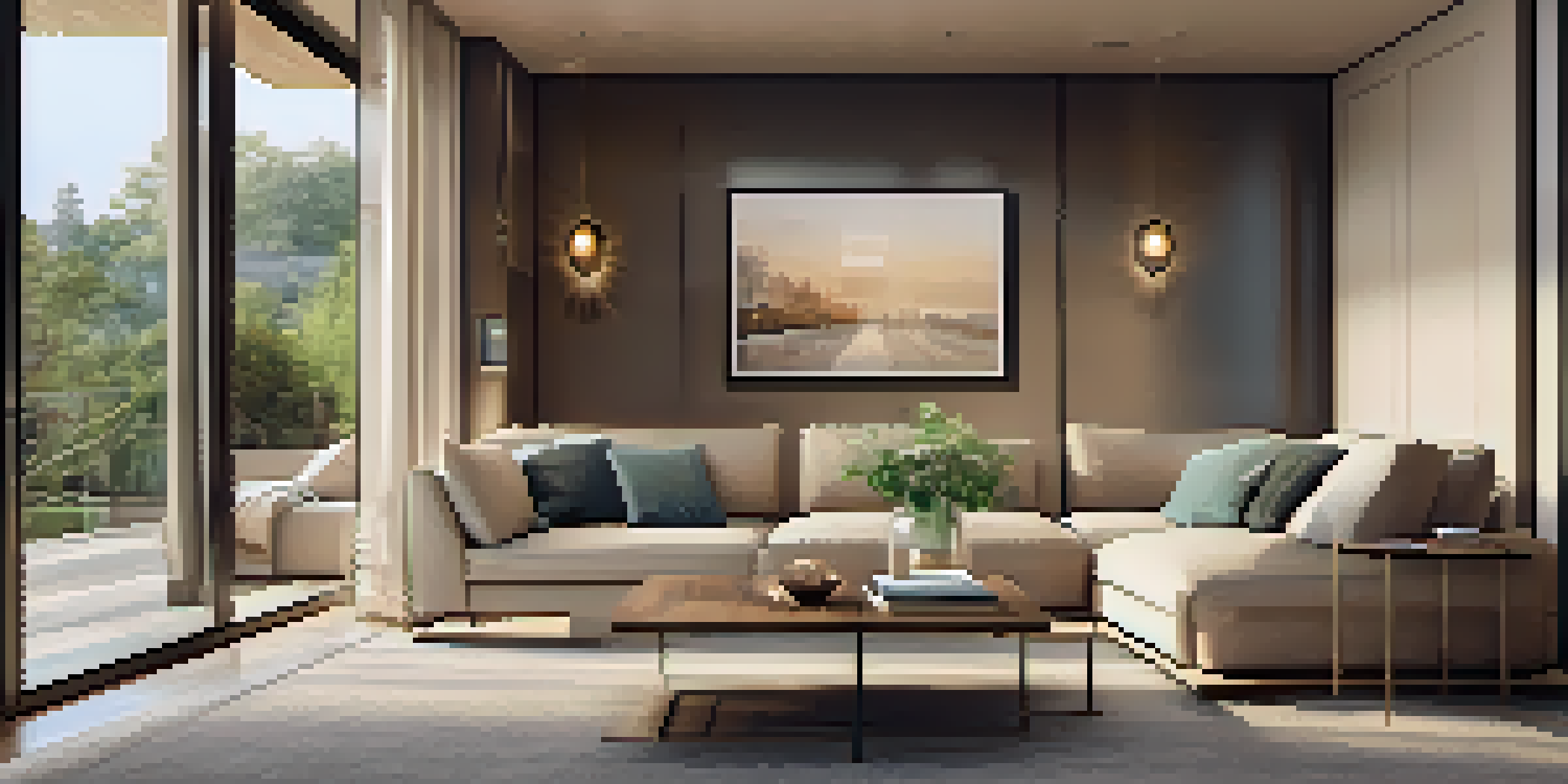 A contemporary living room showcasing a smart security system, including a smart doorbell and security camera, with warm lighting and modern decor.