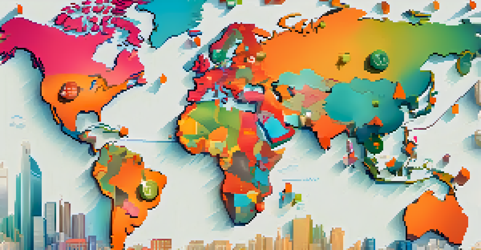 A digital illustration of a world map highlighting global real estate markets and investment connections.