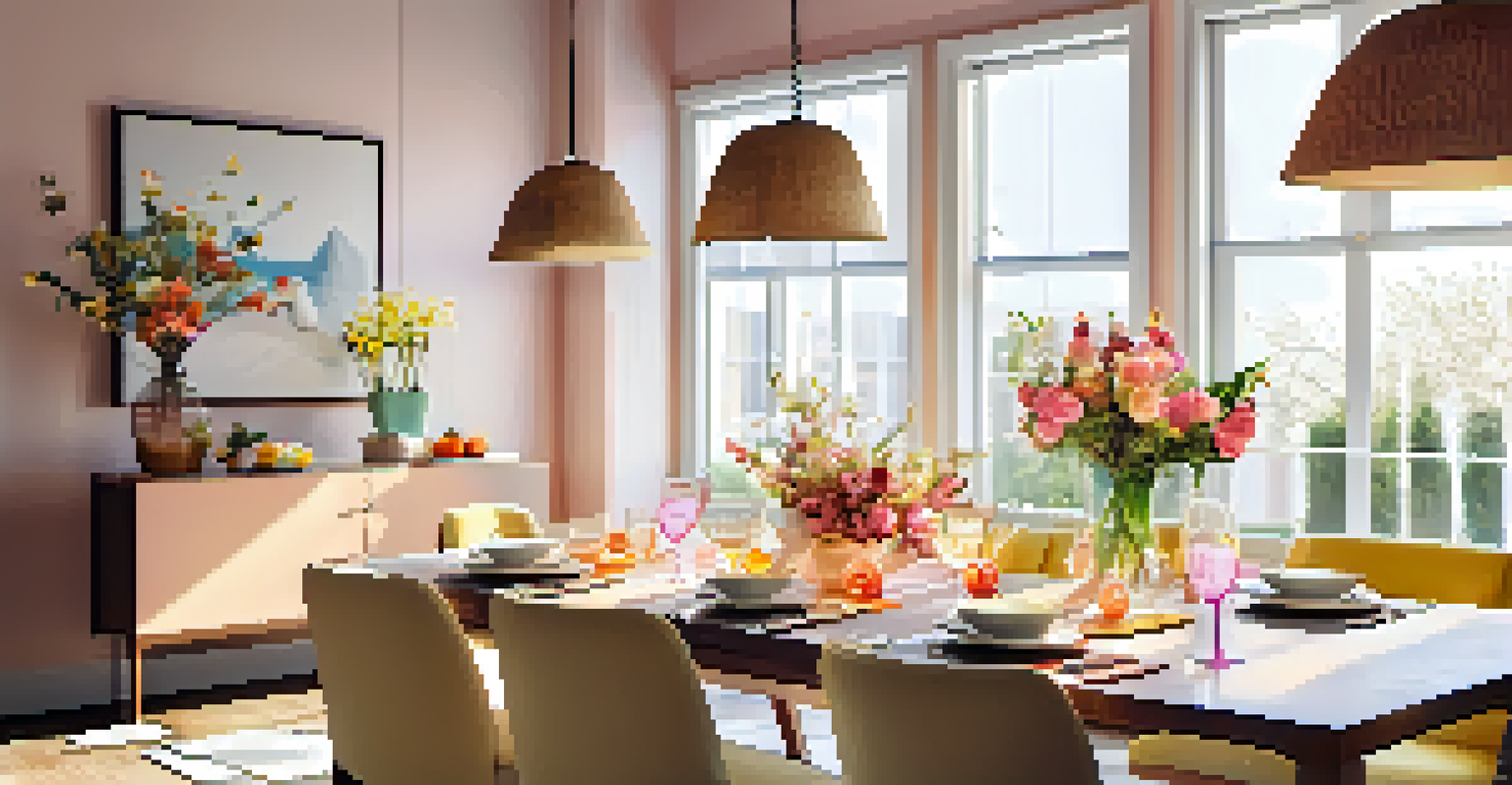 A bright dining area beautifully set for a spring celebration with flowers and pastel decorations.