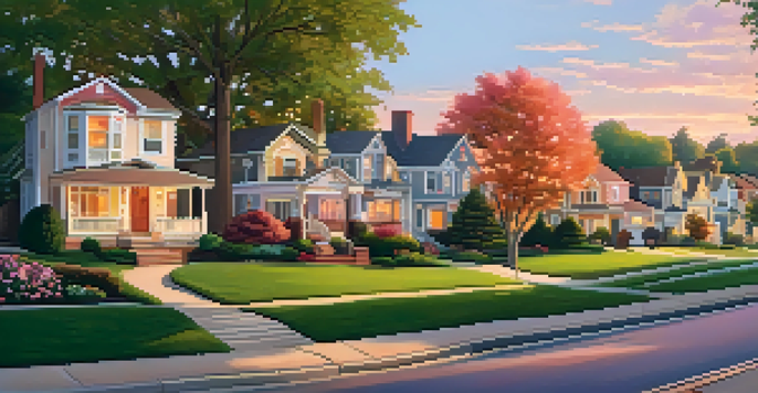 A picturesque suburban neighborhood at sunset with diverse homes and vibrant landscaping.