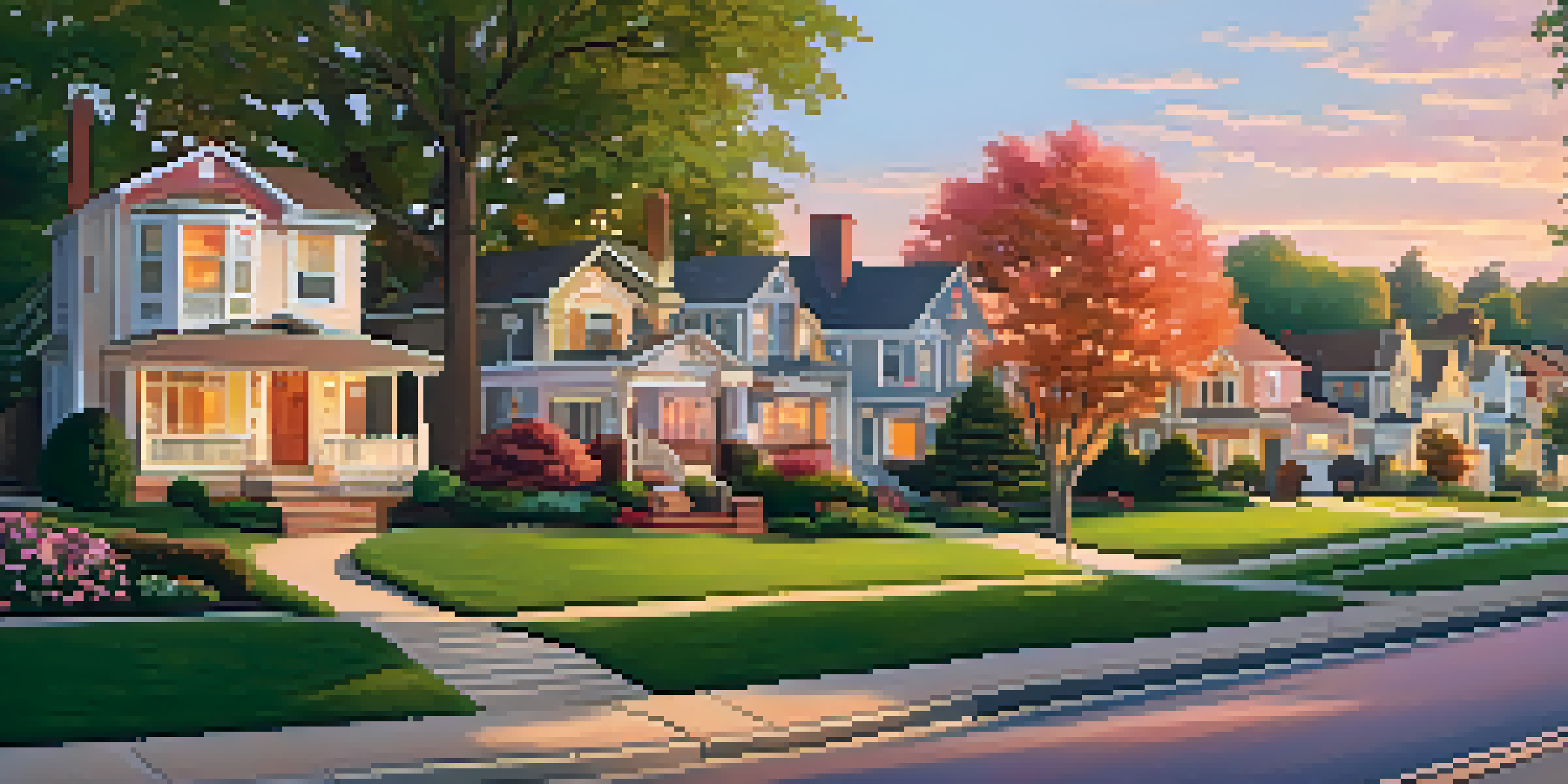A picturesque suburban neighborhood at sunset with diverse homes and vibrant landscaping.