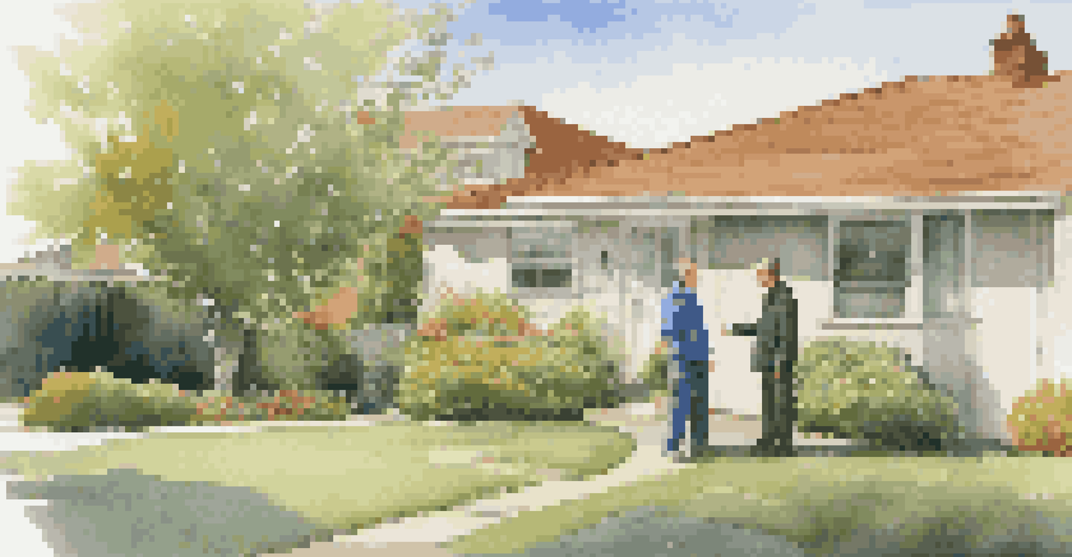 A landlord and tenant discussing maintenance issues outside a well-kept rental property.