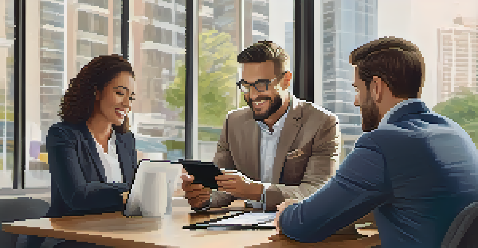 A financial advisor discussing mortgage options with a couple in a bright office, using a tablet for reference.