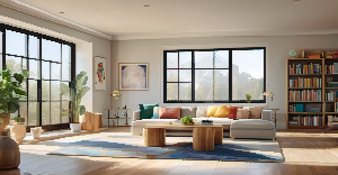 A bright and airy open floor plan living room with a cozy seating area, large windows, and a defined play area for children.