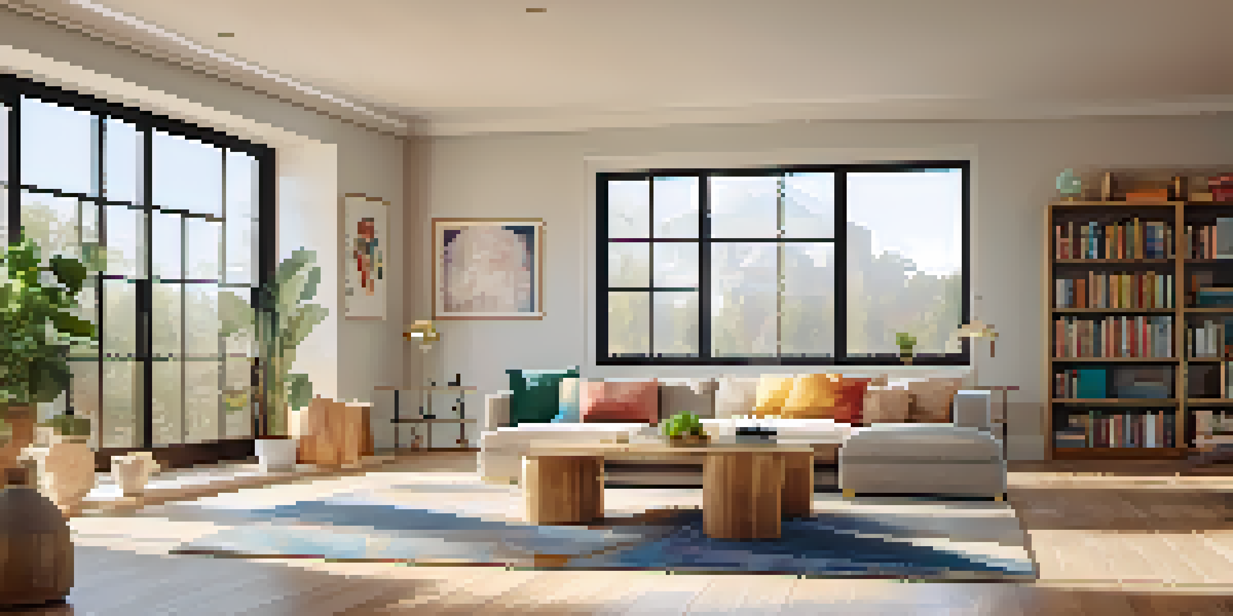 A bright and airy open floor plan living room with a cozy seating area, large windows, and a defined play area for children.