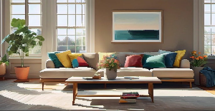 A cozy living room filled with natural light, featuring a comfortable sofa, wooden coffee table, and a potted plant.