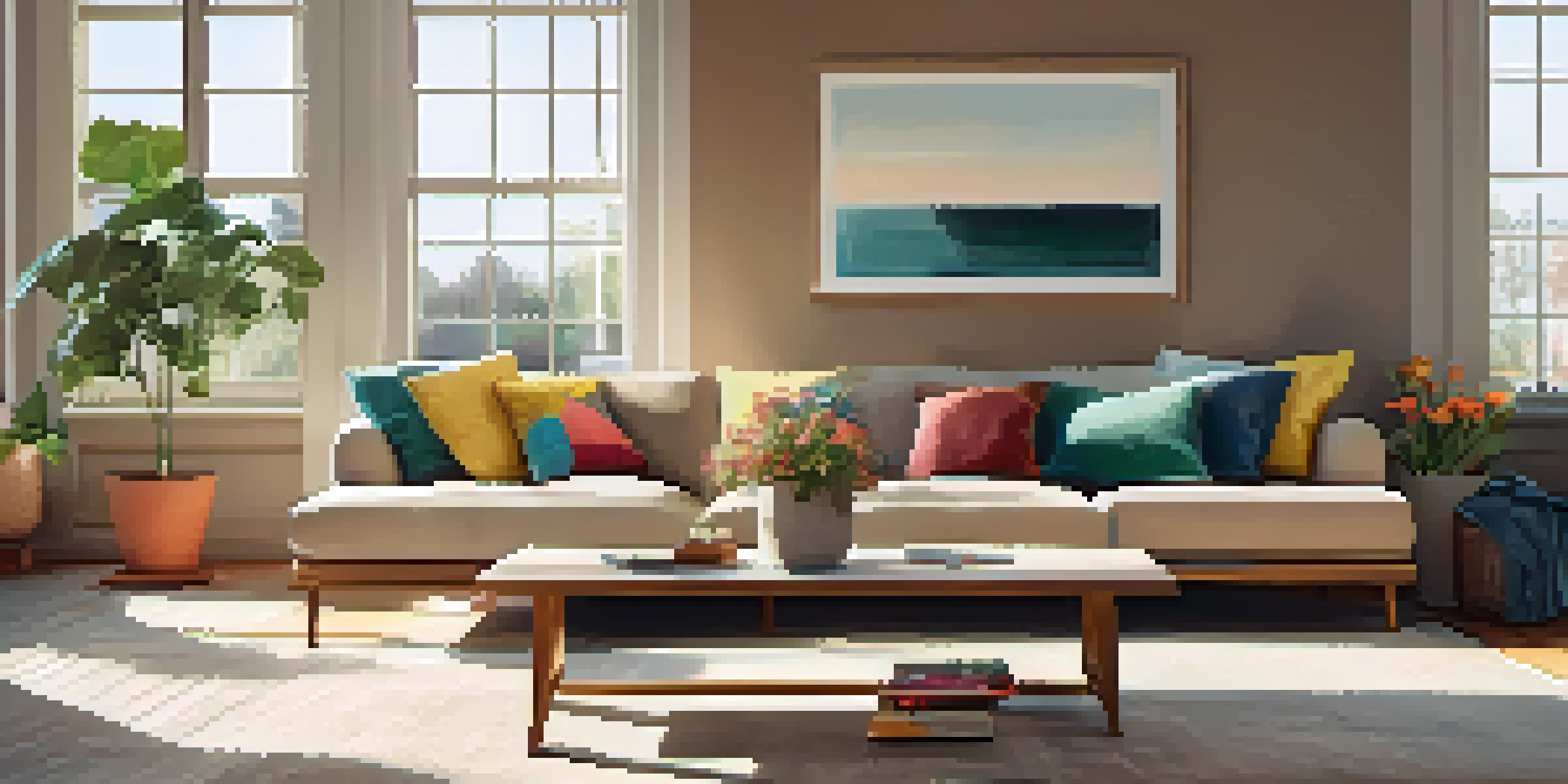 A cozy living room filled with natural light, featuring a comfortable sofa, wooden coffee table, and a potted plant.