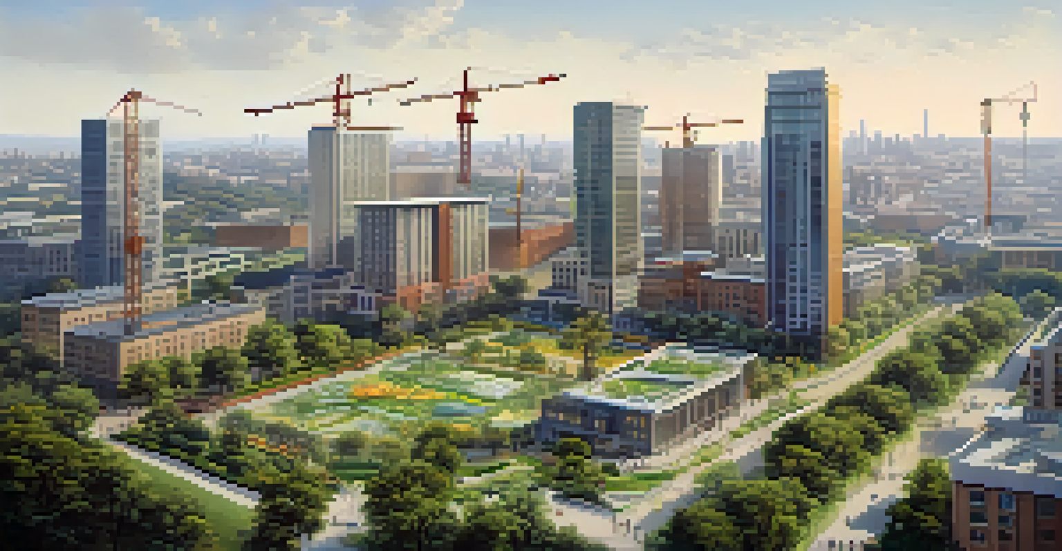 An aerial view of a developing urban area with a mix of old and new buildings and green spaces.