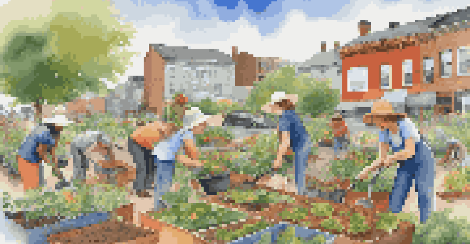 Residents of various ages participating in a community gardening event, planting flowers and vegetables together under a sunny sky.