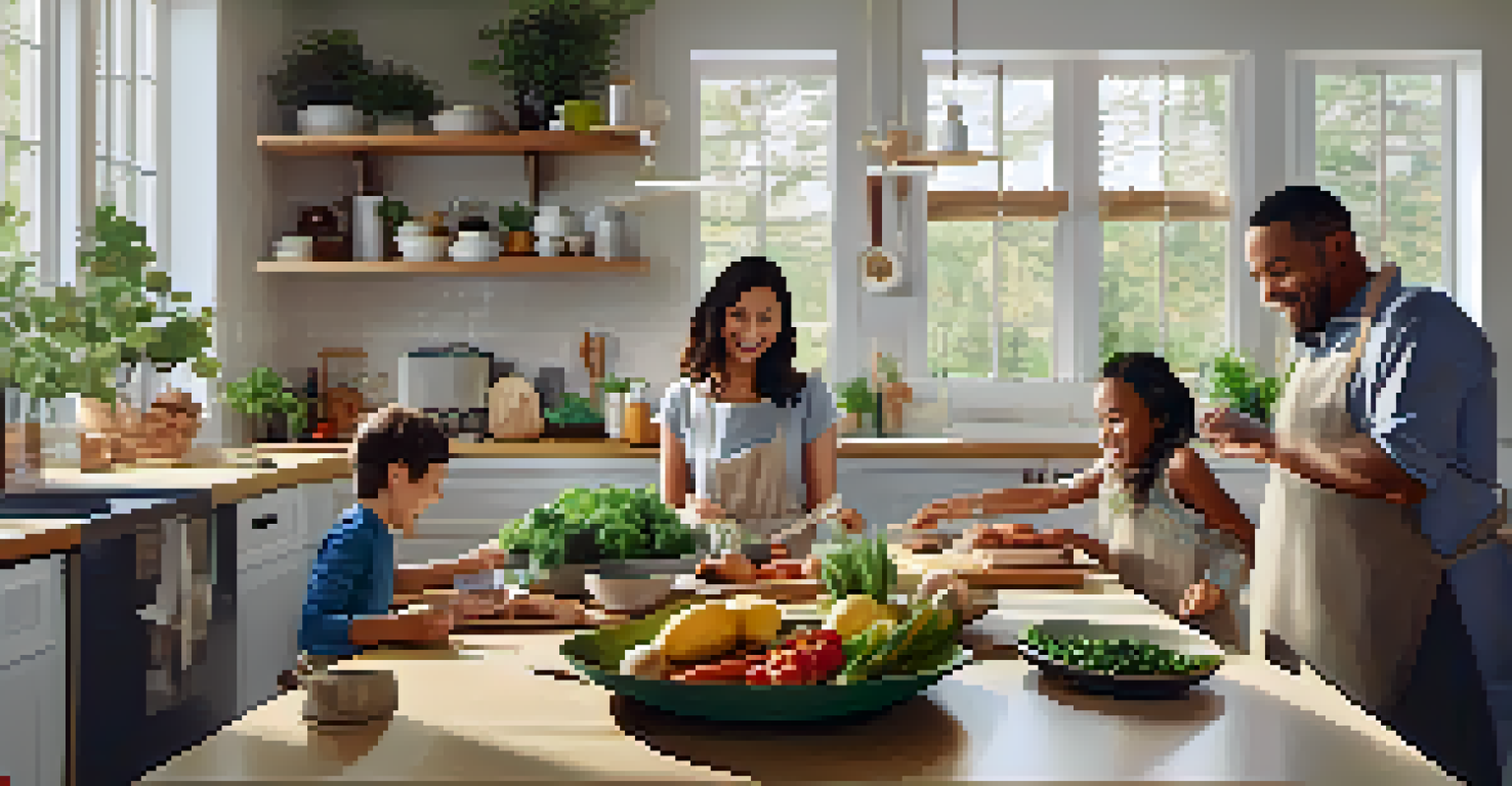 A happy family cooking together in a spacious open kitchen, filled with laughter and minimalistic decor, creating a warm and inviting environment.