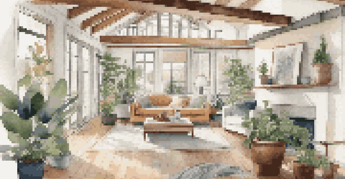 A bright and inviting partially renovated living room with tools and blueprints.