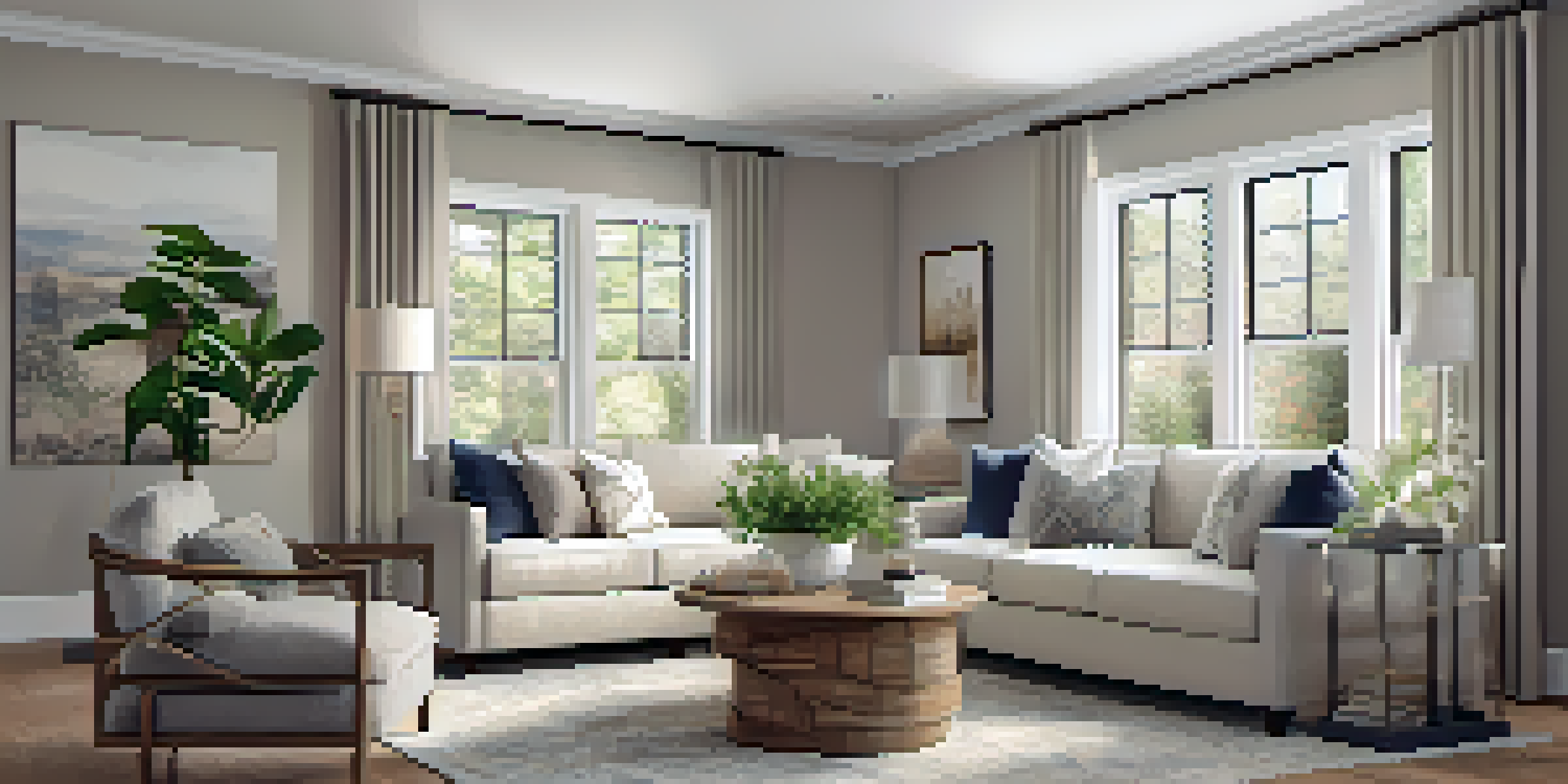 A spacious and inviting living room with neutral colors, natural light, and well-arranged furniture.