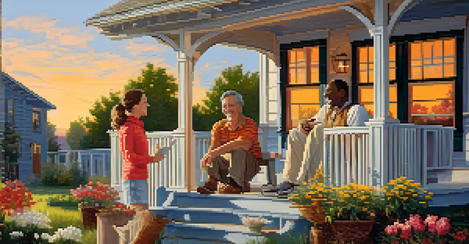 A landlord and tenant having a friendly conversation on a front porch.