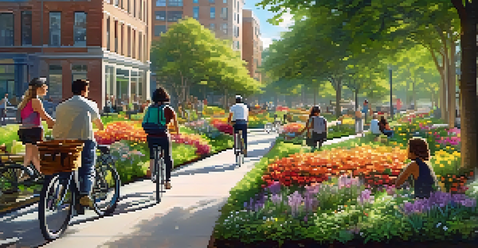 A lively urban park with trees and flowers, where people are walking and biking, surrounded by eco-friendly buildings with green roofs.