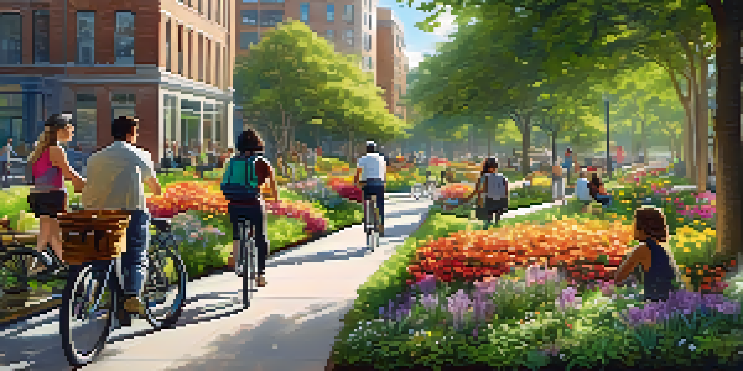 A lively urban park with trees and flowers, where people are walking and biking, surrounded by eco-friendly buildings with green roofs.