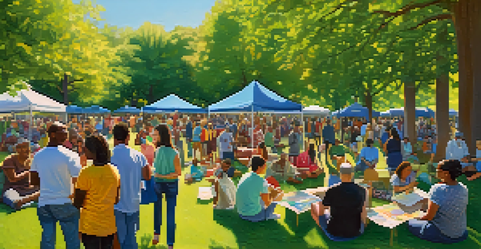 A diverse group of people in a park discussing rental market equity, surrounded by colorful banners about affordable housing.