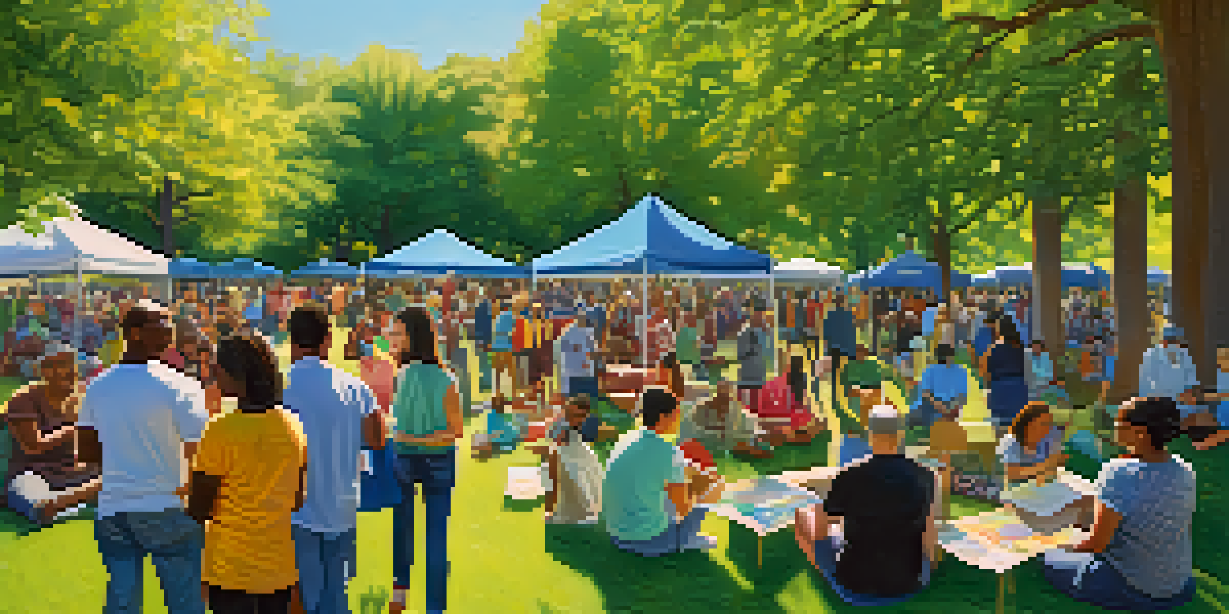A diverse group of people in a park discussing rental market equity, surrounded by colorful banners about affordable housing.