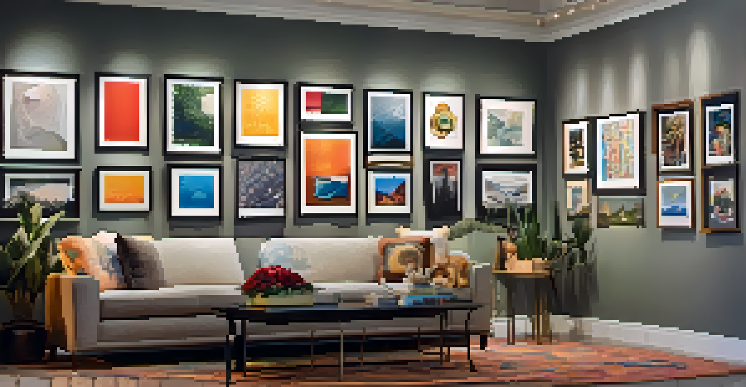 A gallery wall featuring diverse artworks in various frames and sizes, beautifully lit with spotlights.