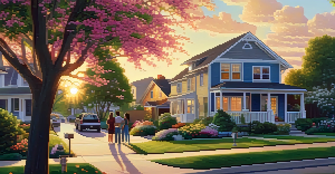 A couple discussing home renovations in a beautiful suburban neighborhood with blooming flowers and a sunset.
