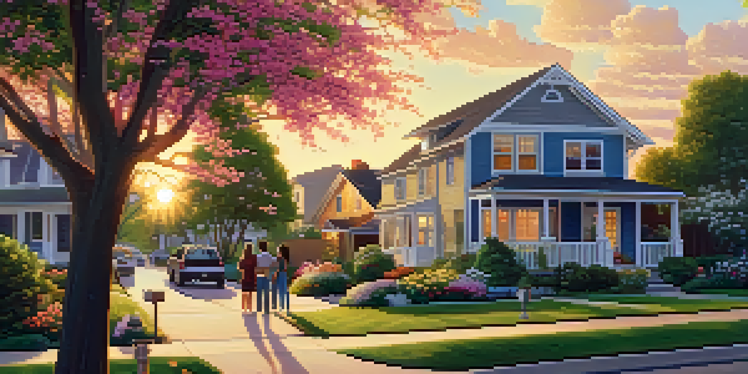 A couple discussing home renovations in a beautiful suburban neighborhood with blooming flowers and a sunset.