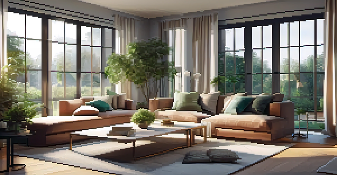 A cozy living room designed for multiple functions, featuring a modular sofa, a foldable coffee table, and a bright reading nook by a window.